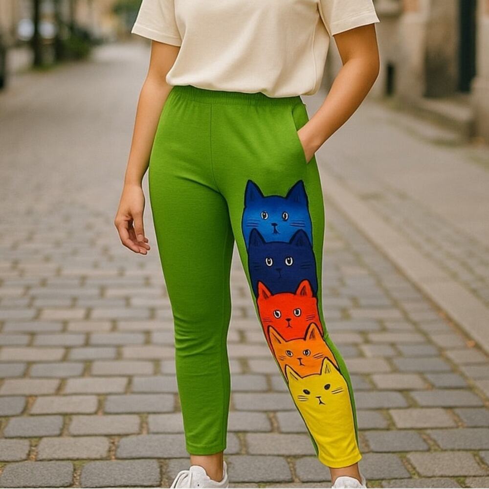 NWOT ~ DENISE EVERY Rainbow Cat Art Lime Green Leggings LGBT ~ Women's SMALL